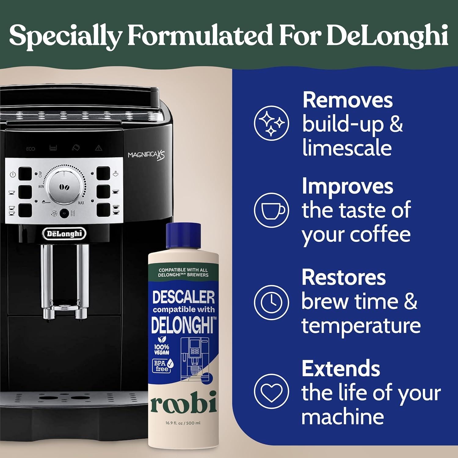 Solución Desincrustante Ecológica Roobi para Cafeteras DeLonghi
