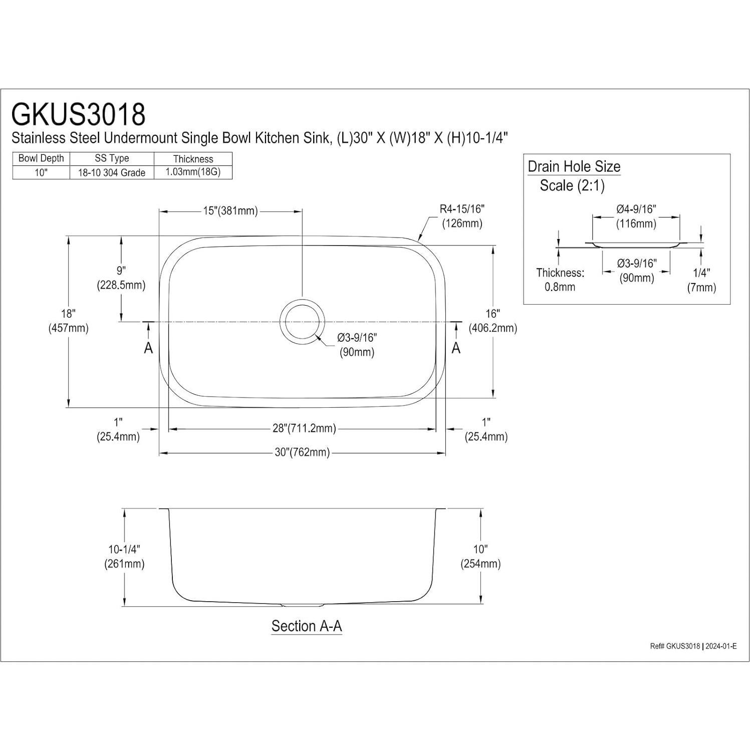 Fregadero de cocina Kingston Brass GKUS3018 76.2x45.7 cm acero inoxidable