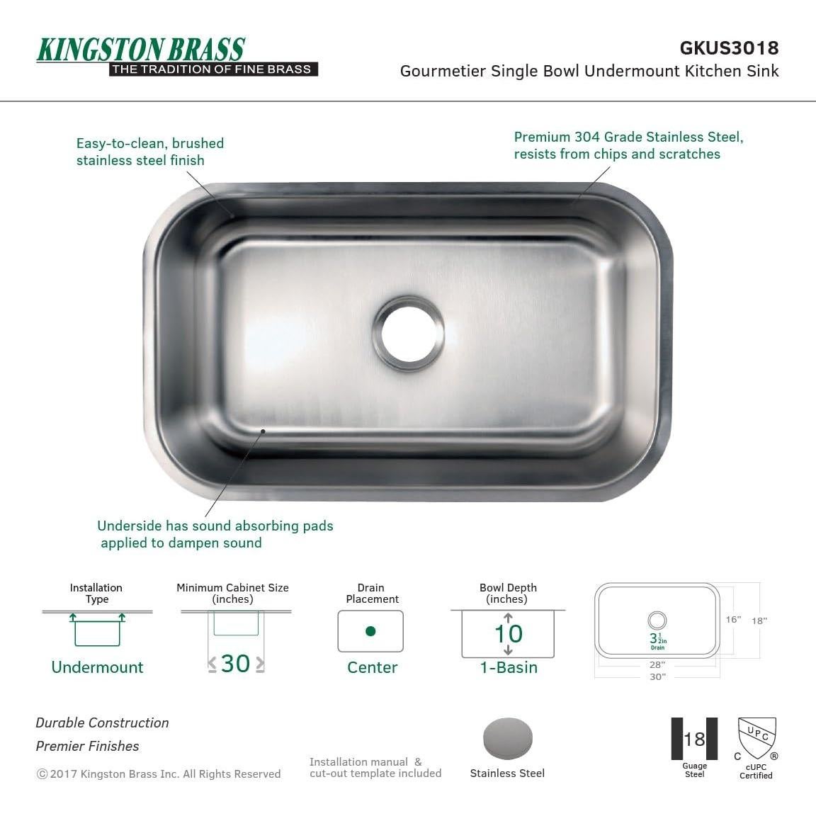 Fregadero de cocina Kingston Brass GKUS3018 76.2x45.7 cm acero inoxidable