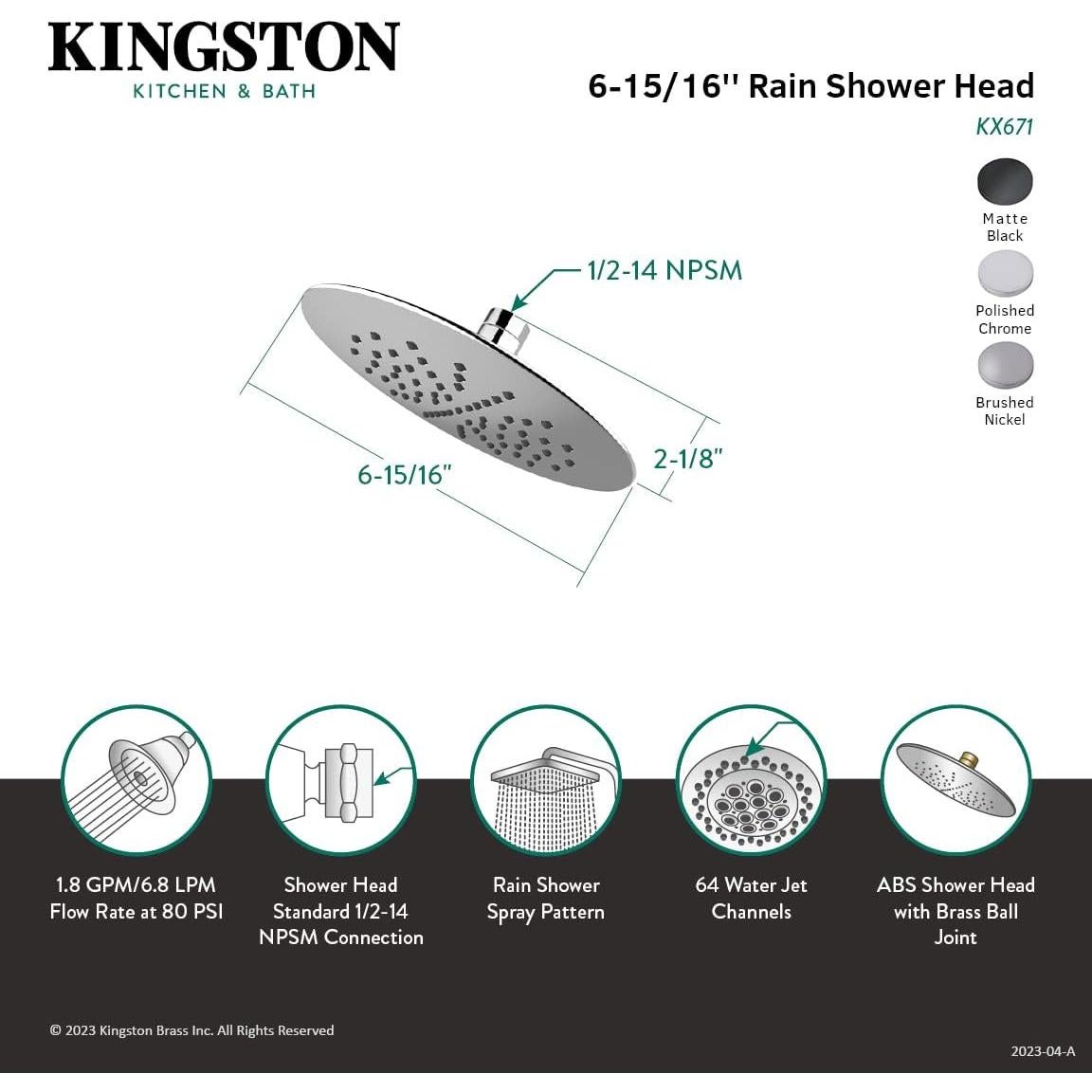 Cabezal de Ducha Kingston Brass KX670 17.5 cm Negro Mate