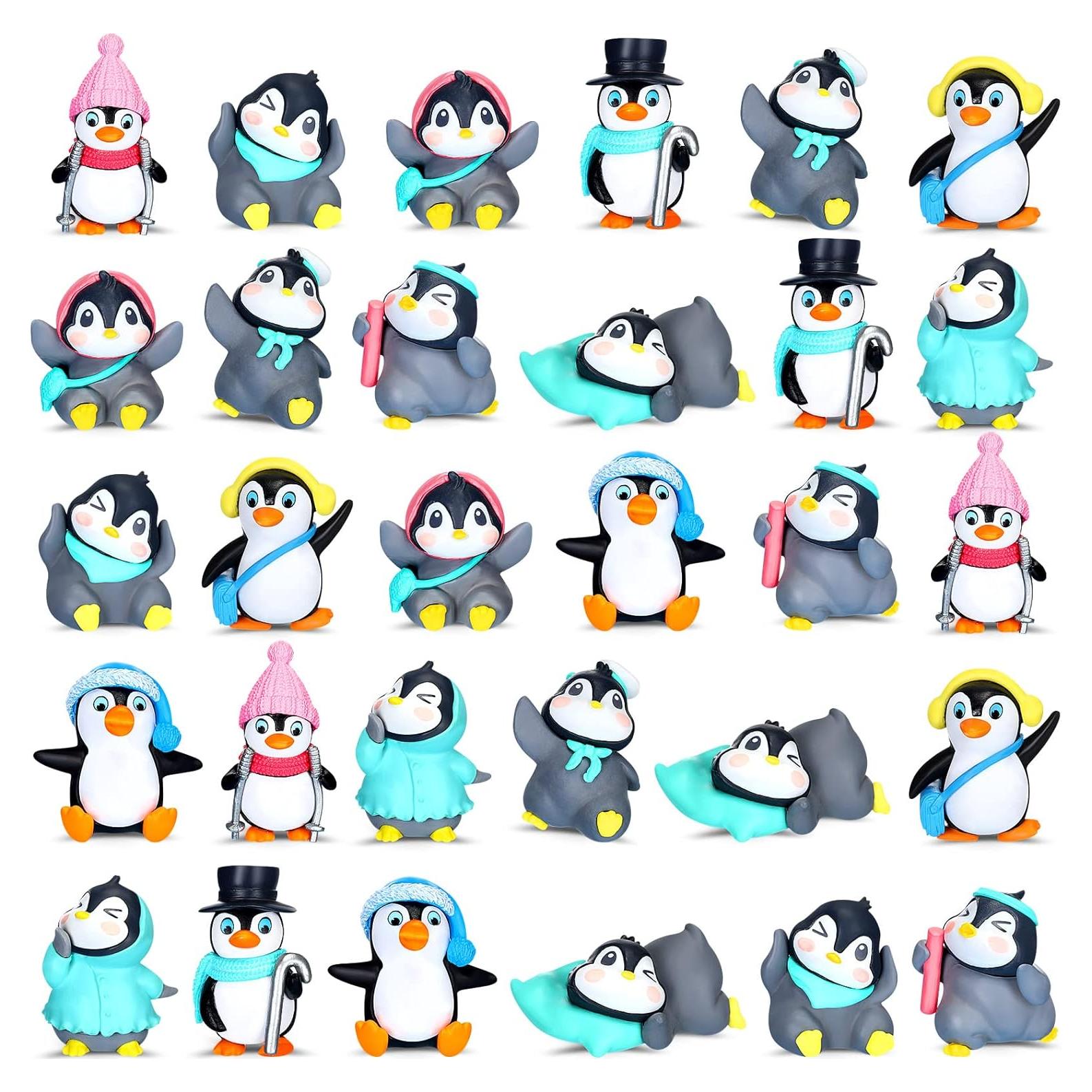 Macarrie 30 Pcs Mini Penguin Figurines Cute Penguin Characters Toys Collection Playset Mini Cartoon Cake Topper Winter Figurines Cake Decoration for Boy Girl(Vivid)