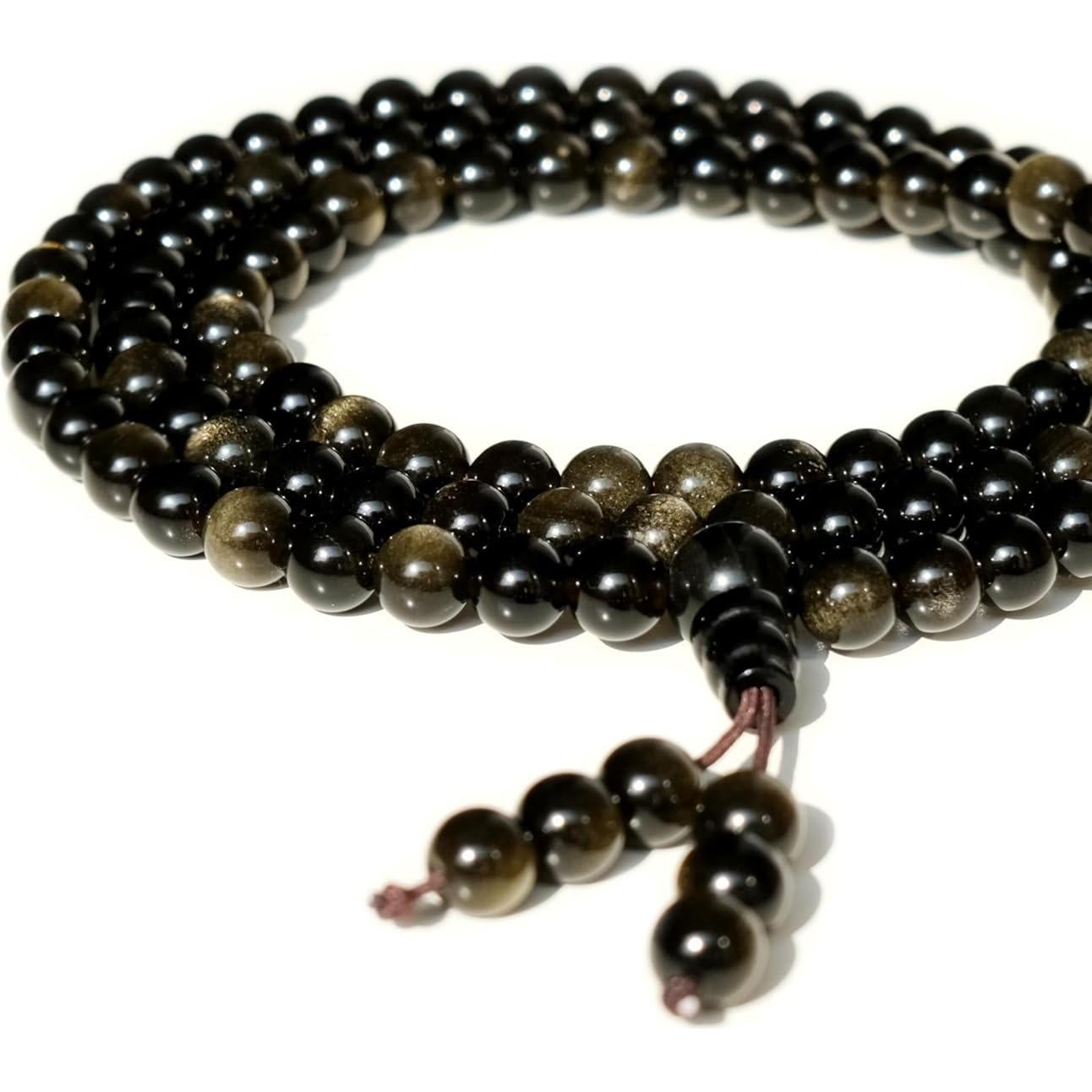 Collar Mala de Obsidiana Negra con Brillo Dorado 108 Cuentas