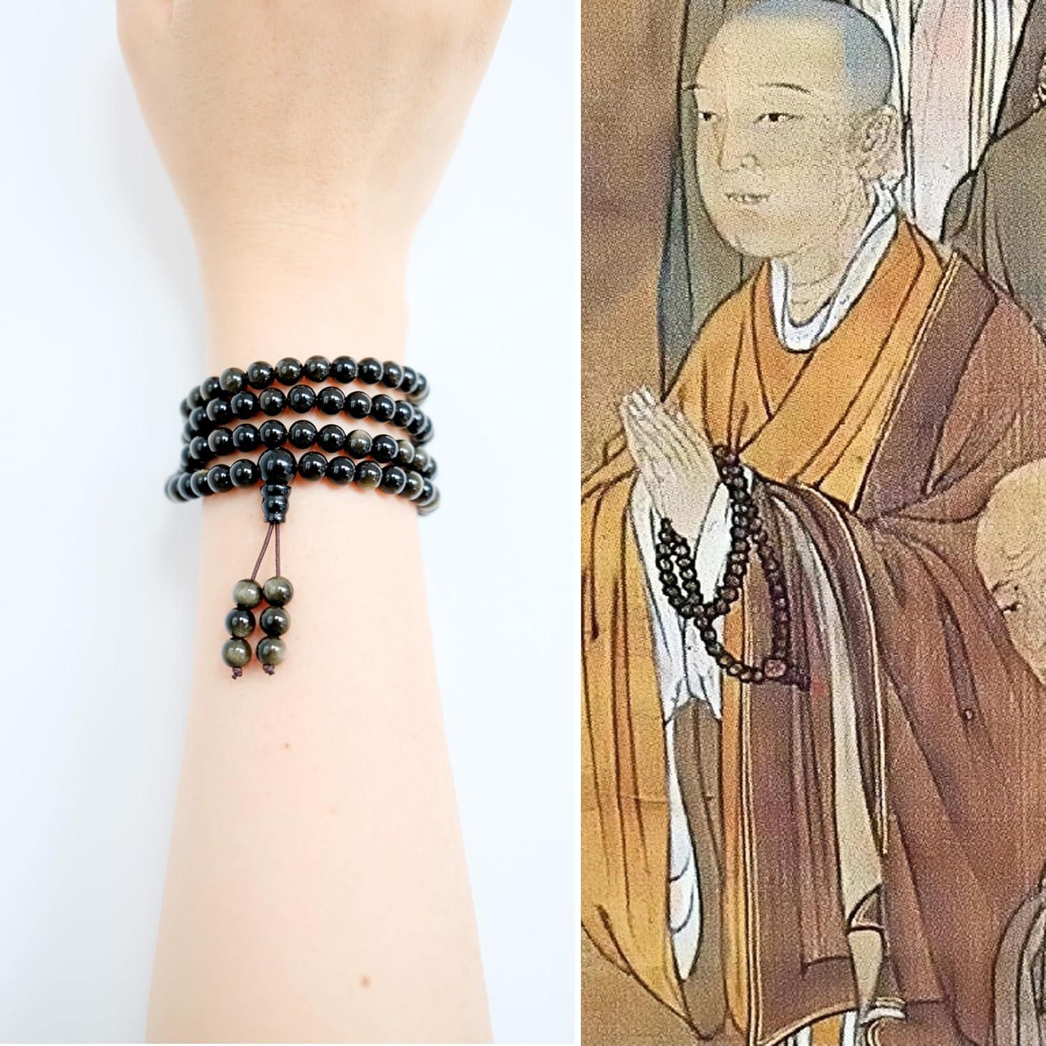 Collar Mala de Obsidiana Negra con Brillo Dorado 108 Cuentas