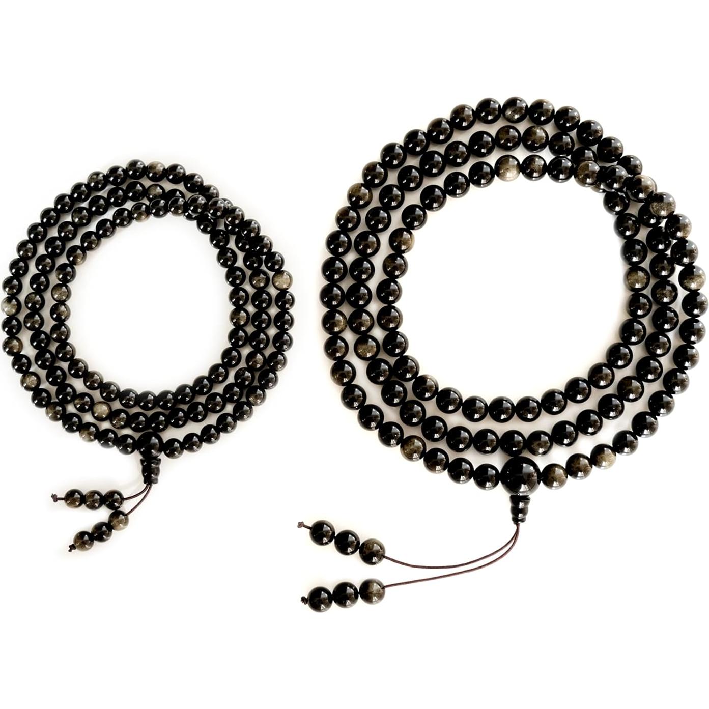 Collar Mala de Obsidiana Negra con Brillo Dorado 108 Cuentas