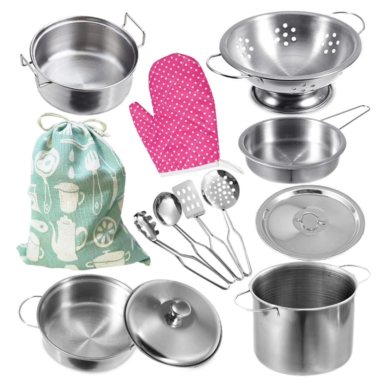 Cookware Pots and Pans Play Set with Cooking Mini Stainless-Steel Kitchen Cooking Utensils Toys,Pretend Toys for Kids, Educational＆Development Toy Kitchen Playset Accessories for Kids Ages 3+