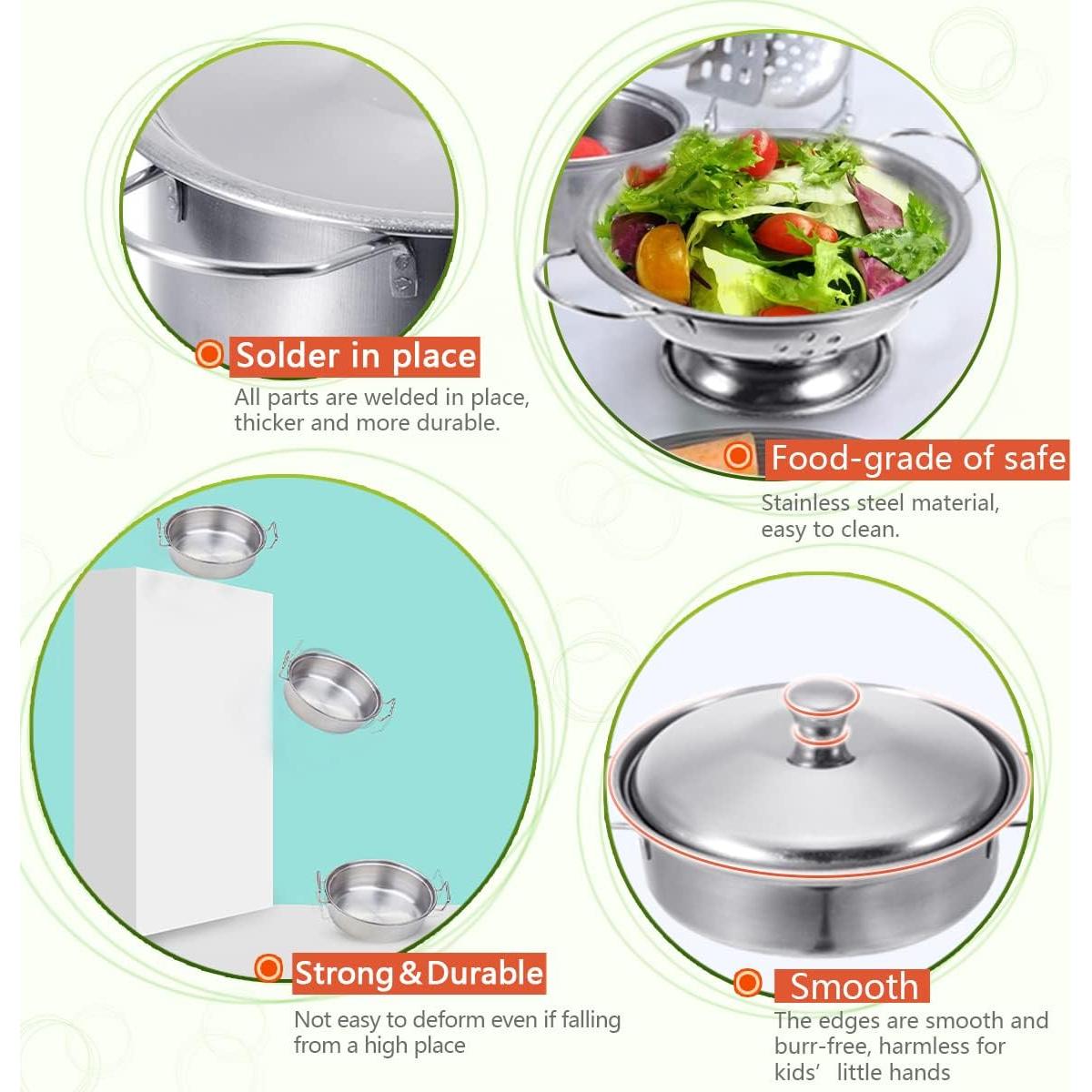 Cookware Pots and Pans Play Set with Cooking Mini Stainless-Steel Kitchen Cooking Utensils Toys,Pretend Toys for Kids, Educational＆Development Toy Kitchen Playset Accessories for Kids Ages 3+