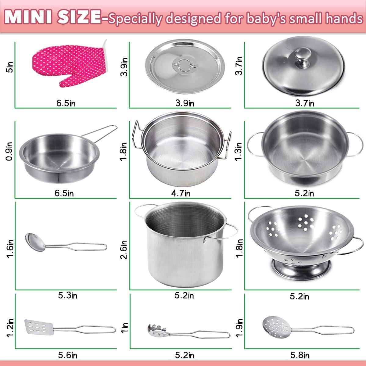 Cookware Pots and Pans Play Set with Cooking Mini Stainless-Steel Kitchen Cooking Utensils Toys,Pretend Toys for Kids, Educational＆Development Toy Kitchen Playset Accessories for Kids Ages 3+