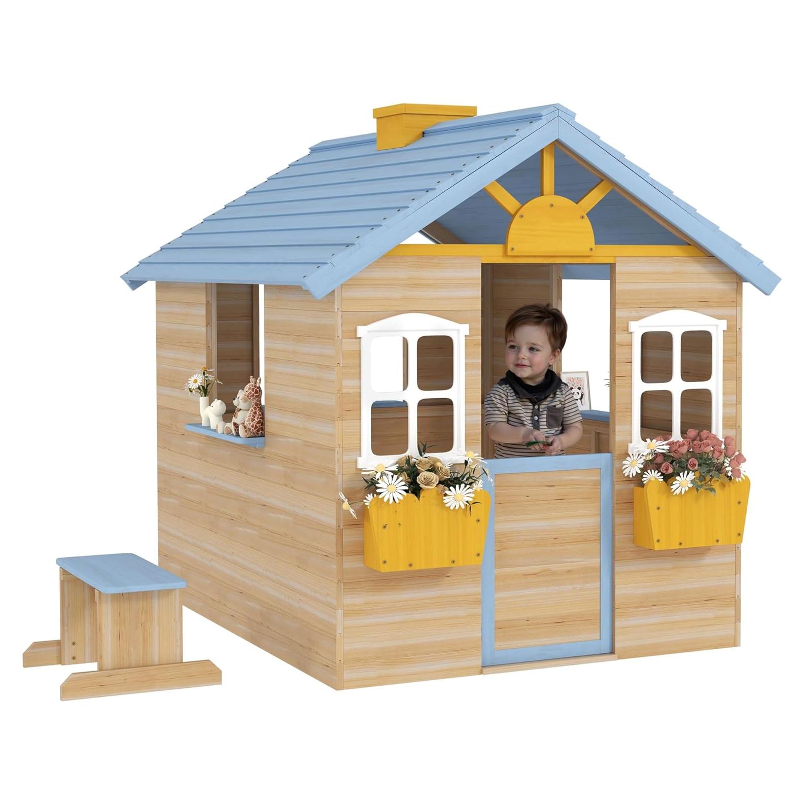 Outsunny Wooden Playhouse for Kids Outdoor Garden Pretend Play Games, Adventures Cottage, with Working Door, Windows, Bench, Service Station, Flowers Pot Holder, for 3-7 Years Old, Blue