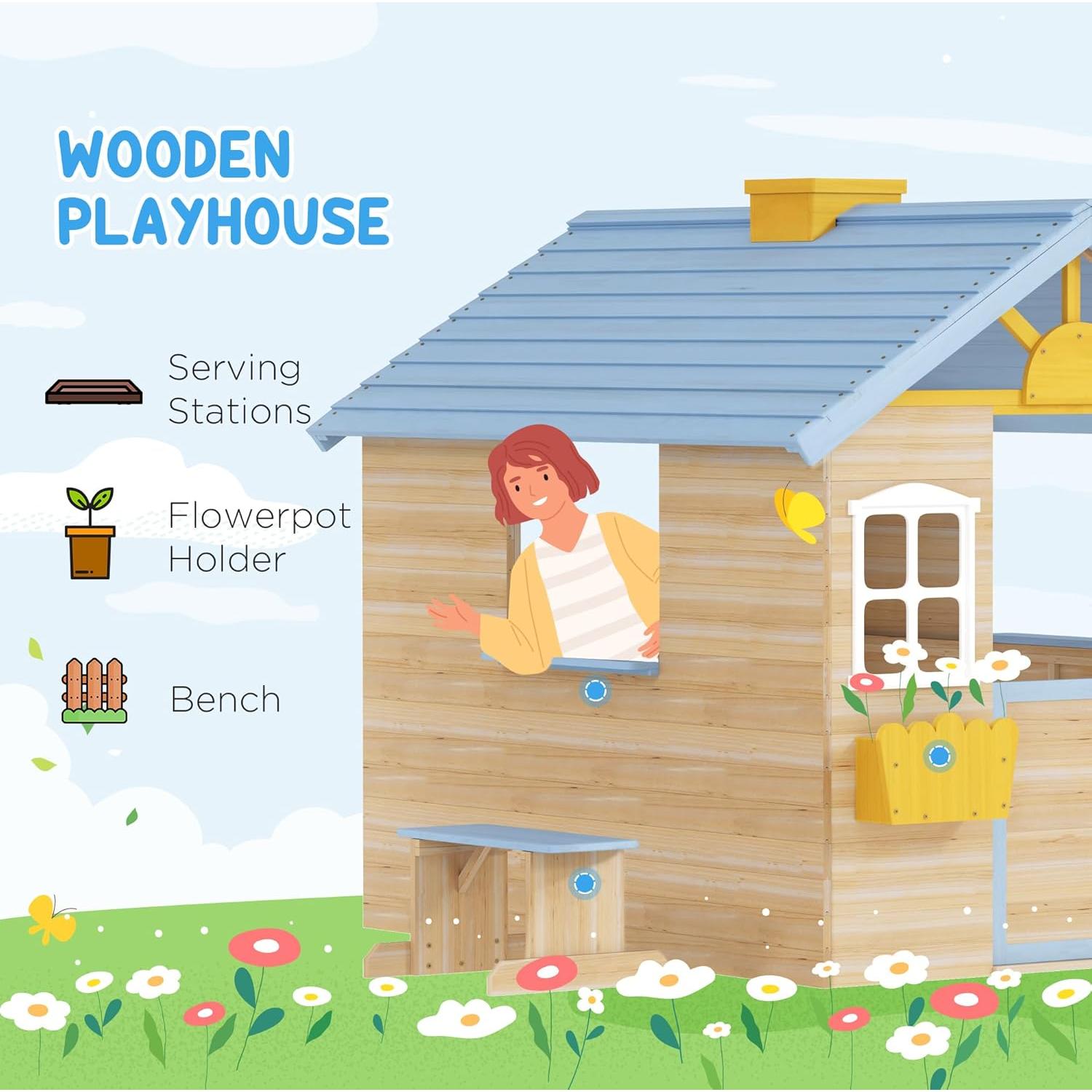 Outsunny Wooden Playhouse for Kids Outdoor Garden Pretend Play Games, Adventures Cottage, with Working Door, Windows, Bench, Service Station, Flowers Pot Holder, for 3-7 Years Old, Blue