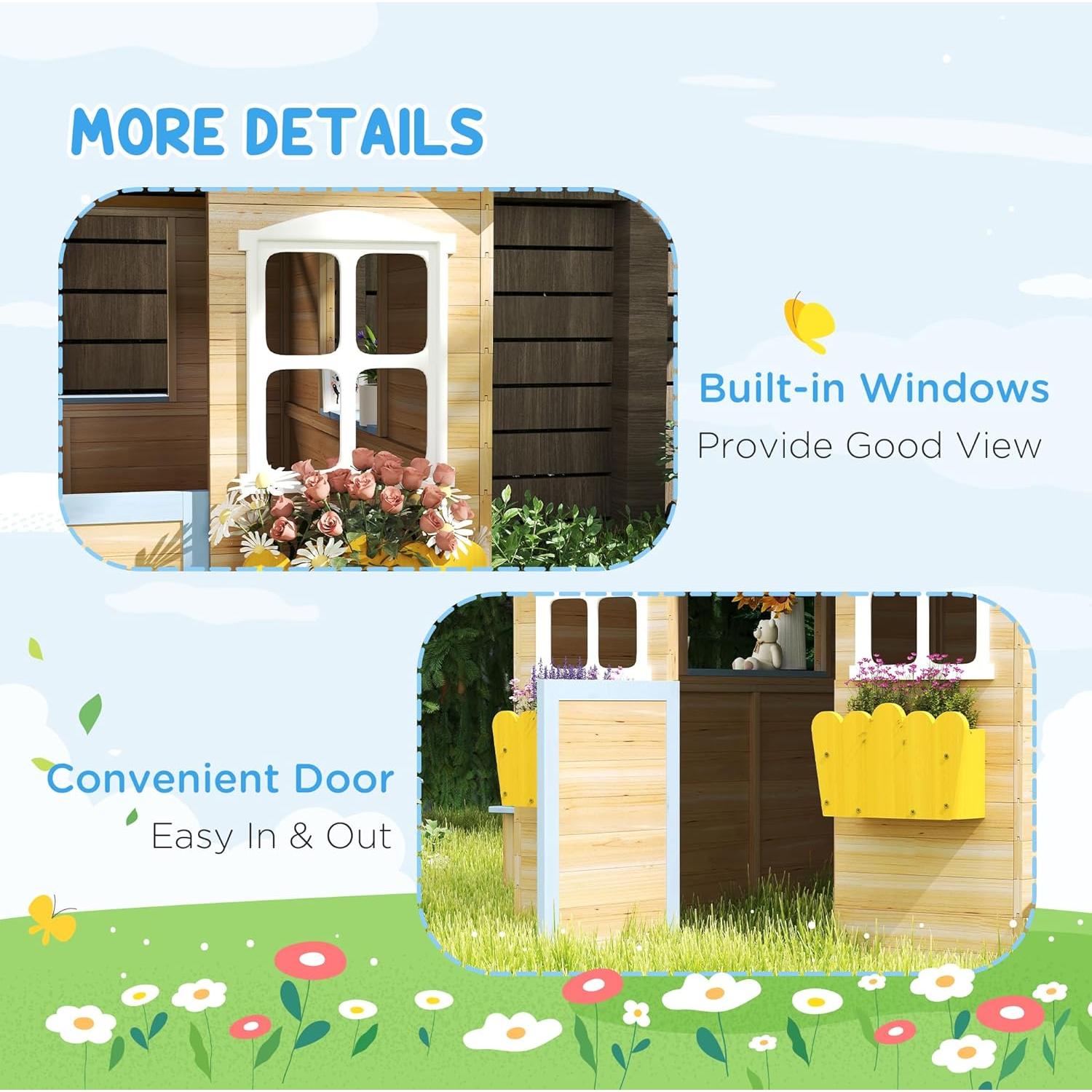 Outsunny Wooden Playhouse for Kids Outdoor Garden Pretend Play Games, Adventures Cottage, with Working Door, Windows, Bench, Service Station, Flowers Pot Holder, for 3-7 Years Old, Blue