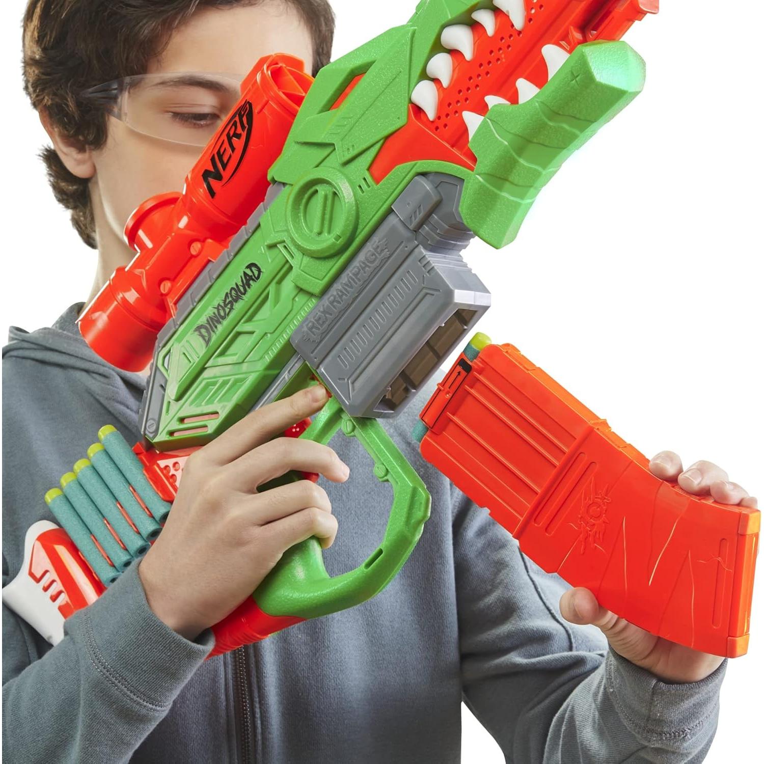 Nerf DinoSquad Rex-Rampage Motorized Dart Blaster, 10-Dart Clip, 20 Official Darts, 10-Dart Storage- T-Rex Dinosaur Design