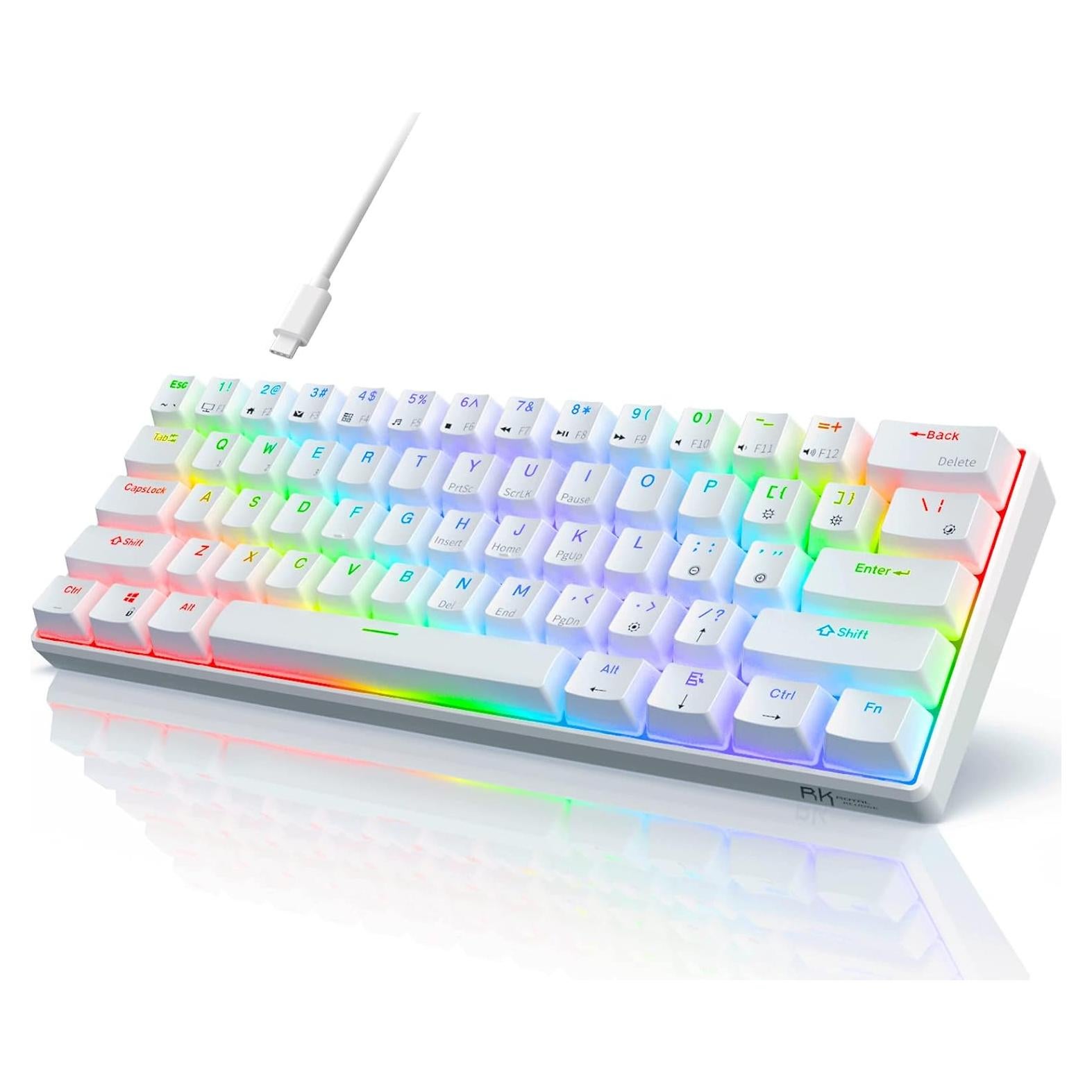 RK ROYAL KLUDGE RK61 60% Gaming Keyboard, Wired RGB Mechanical Keyboard with No-Conflict 61 Keys, Hot Swappable PC Game Keyboards for Windows Mac, Quiet Red Switch-White