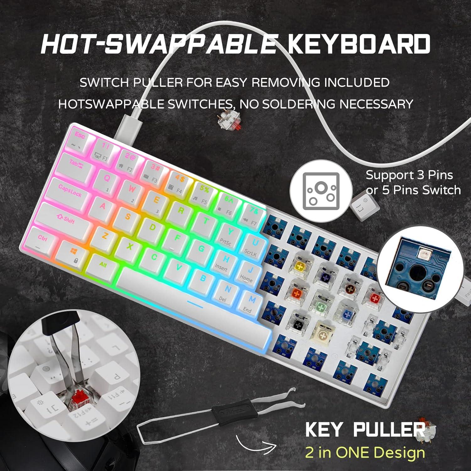 RK ROYAL KLUDGE RK61 60% Gaming Keyboard, Wired RGB Mechanical Keyboard with No-Conflict 61 Keys, Hot Swappable PC Game Keyboards for Windows Mac, Quiet Red Switch-White