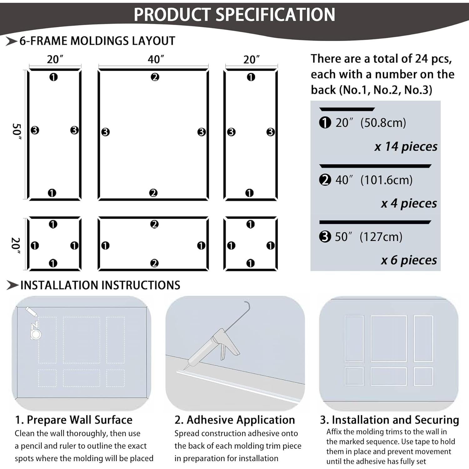 Kit de Moldura de Pared Prehecho Lunghaa 6 Marcos Blanco