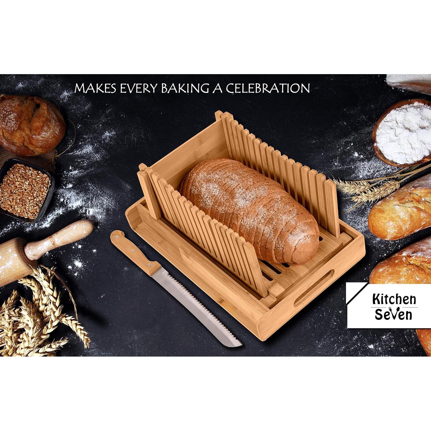 Cortador de Pan de Bambú Kitchen Seven con Bandeja para Migas