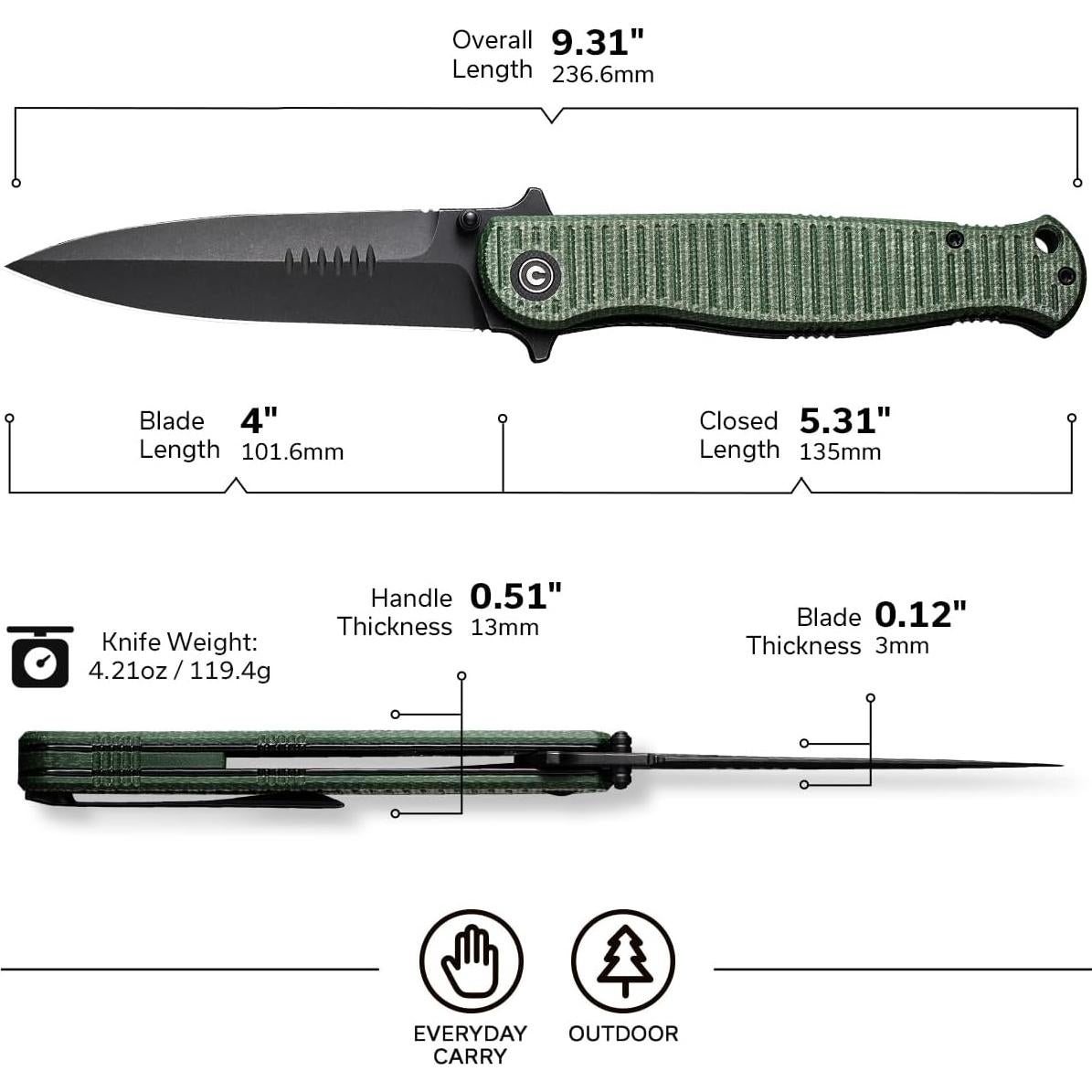 Cuchillo Plegable CIVIVI RS71 de Nitro-V 10.16 cm Verde