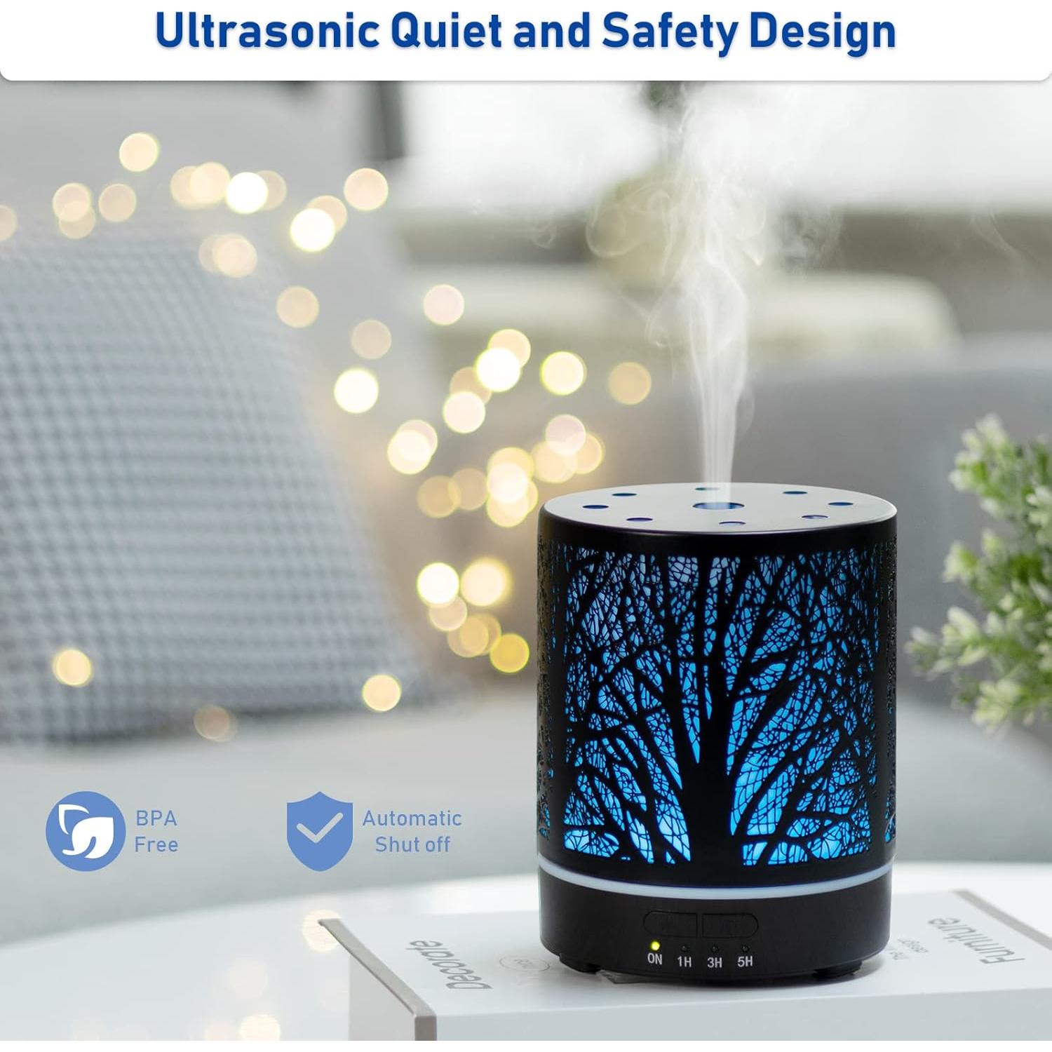 Essential Oil Diffuser Aromatherapy Diffuser -300ml Metal Electric Ultrasonic Cool Mist Oil Diffuser for Large Room with Waterless Auto Shut-Off, 4 Timer Setting &7 Colors Night Light for Home Office