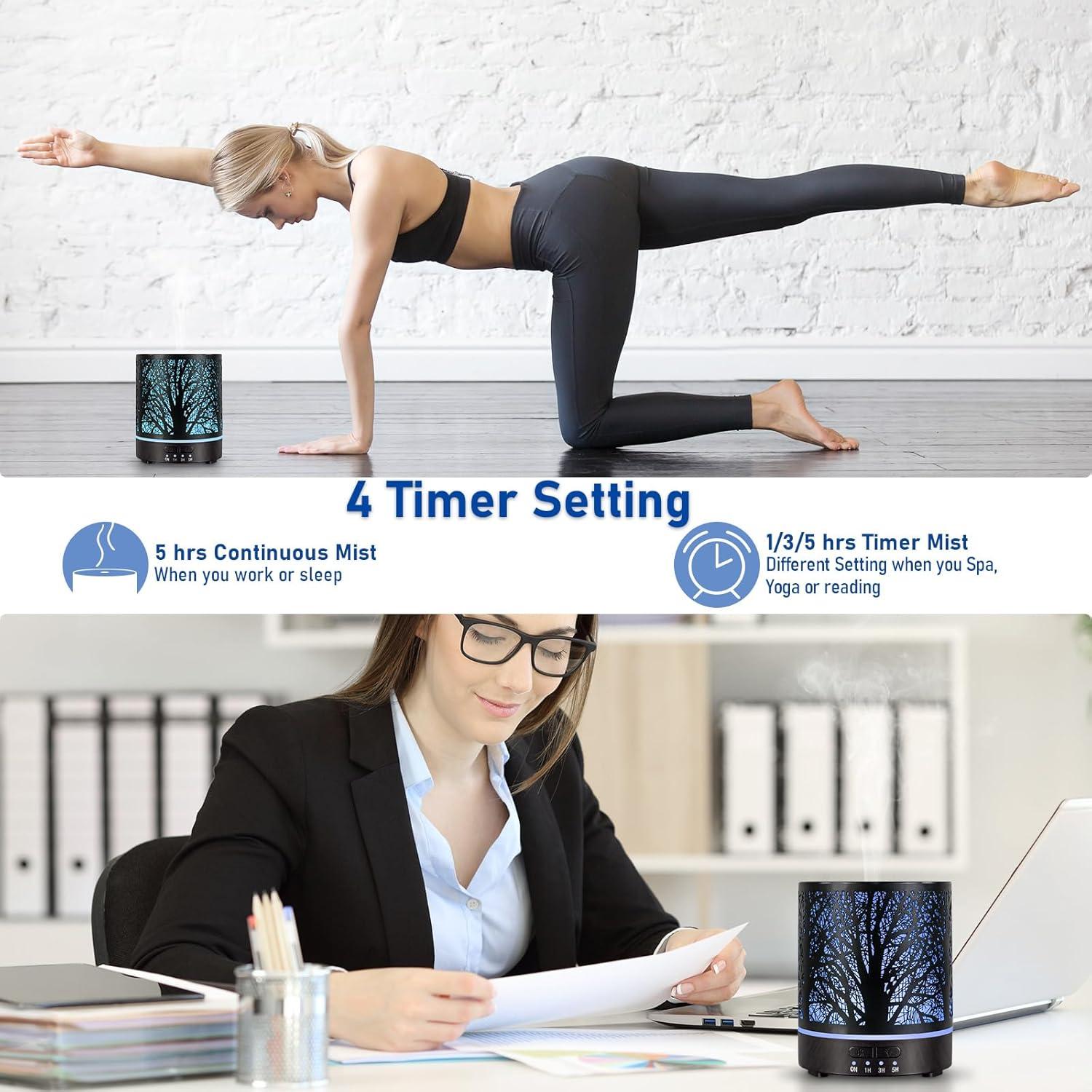 Essential Oil Diffuser Aromatherapy Diffuser -300ml Metal Electric Ultrasonic Cool Mist Oil Diffuser for Large Room with Waterless Auto Shut-Off, 4 Timer Setting &7 Colors Night Light for Home Office