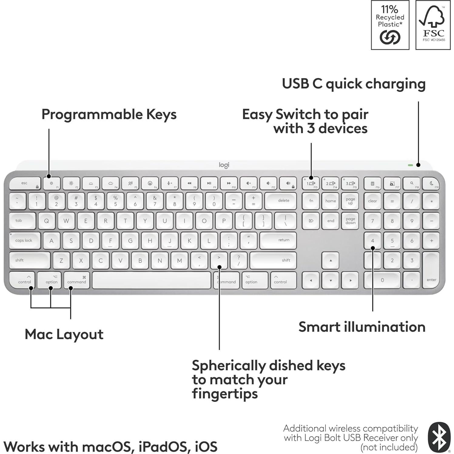 Teclado Inalámbrico Logitech MX Keys S para Mac - Gris Pálido