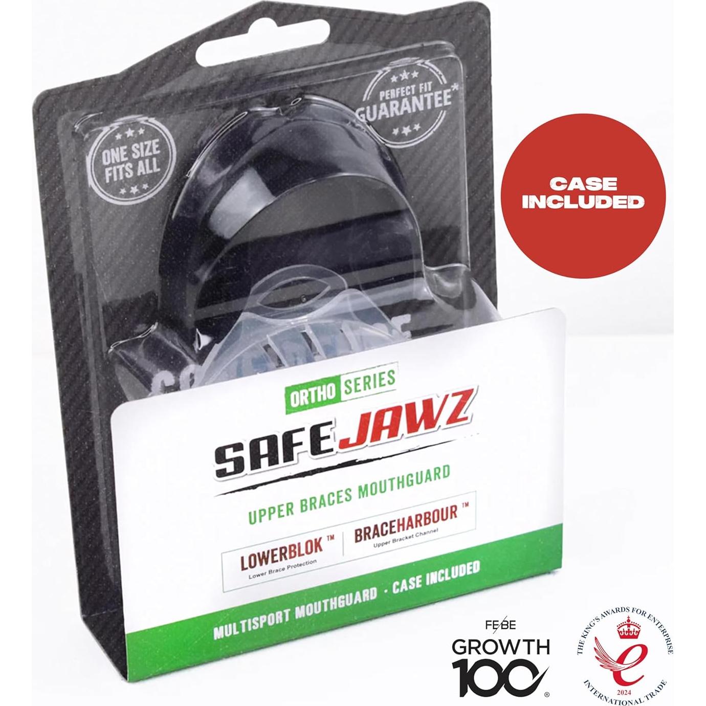 SAFEJAWZ Mouthguard for Braces, Upper & Lower Protection Remoldable Mouth Guard with Case for Boxing, Basketball, Football, MMA, Lacrosse, Hockey and All Contact Sports One Size (Black)