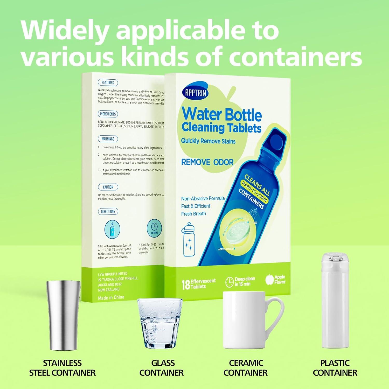 Tabletas de Limpieza para Botellas APPTRIN - 18 Tabletas Sabor Manzana