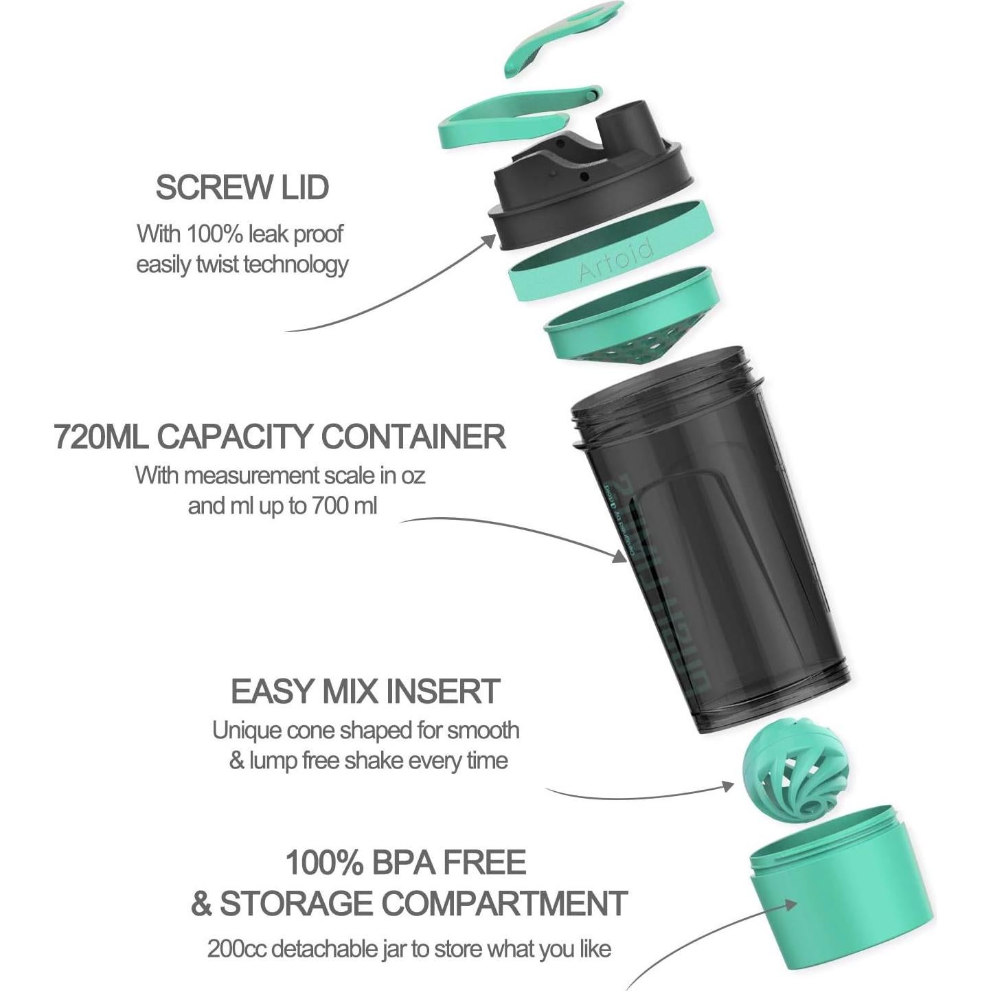 Botella Deportiva Artoid Mode 720ml Libre de BPA Verde Aqua/Negro