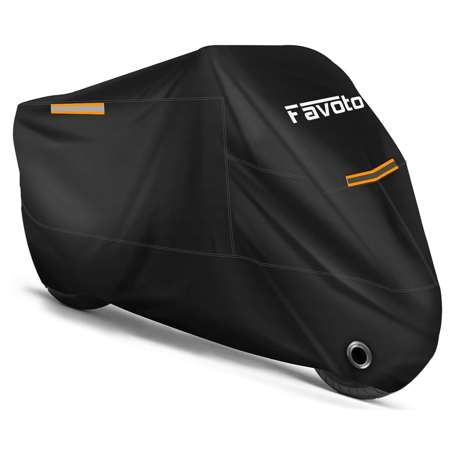 Favoto Motorcycle Cover All Season Universal Sturdy Material Waterproof Sun Outdoor Protection with Night Reflective Stripe Lock-Holes & Storage Bag Fits up to 86.6" Motorcycles Vehicle Cover