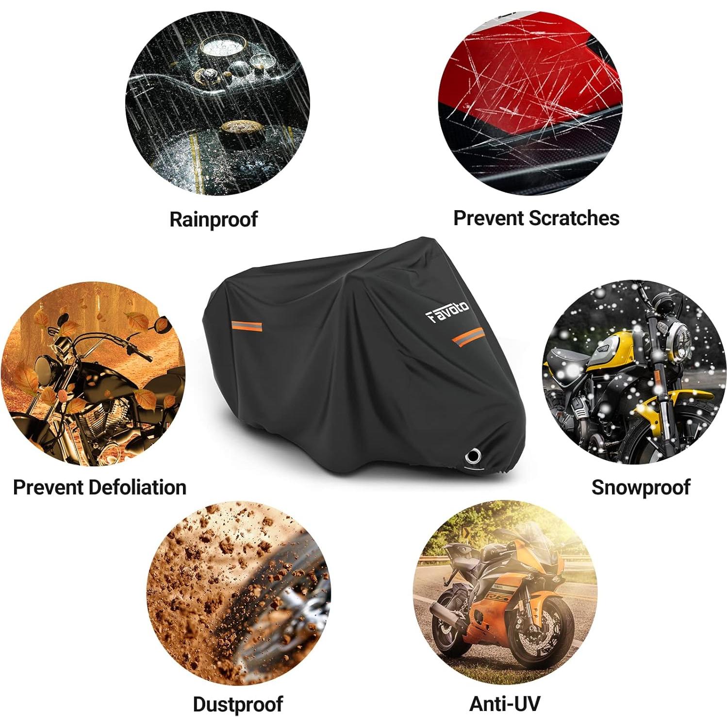 Favoto Motorcycle Cover All Season Universal Sturdy Material Waterproof Sun Outdoor Protection with Night Reflective Stripe Lock-Holes & Storage Bag Fits up to 86.6" Motorcycles Vehicle Cover