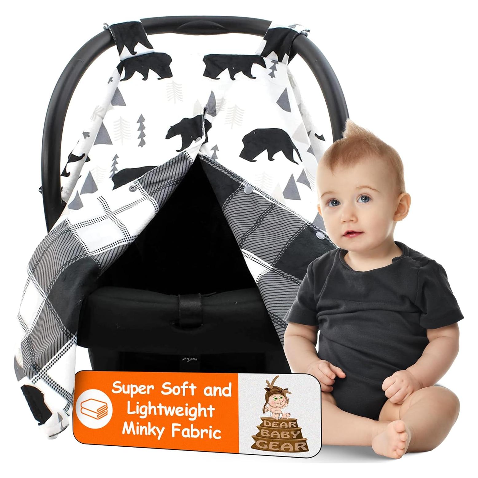 Dear Baby Gear Car Seat Cover for Boys & Girls - Baby Carseat Canopy w/Snap Opening - Infant Seat Cover - Stroller & Nursing Covers - Newborn Carrier Canopy - 40x30 (Black Bears, Black & Grey Plaid)