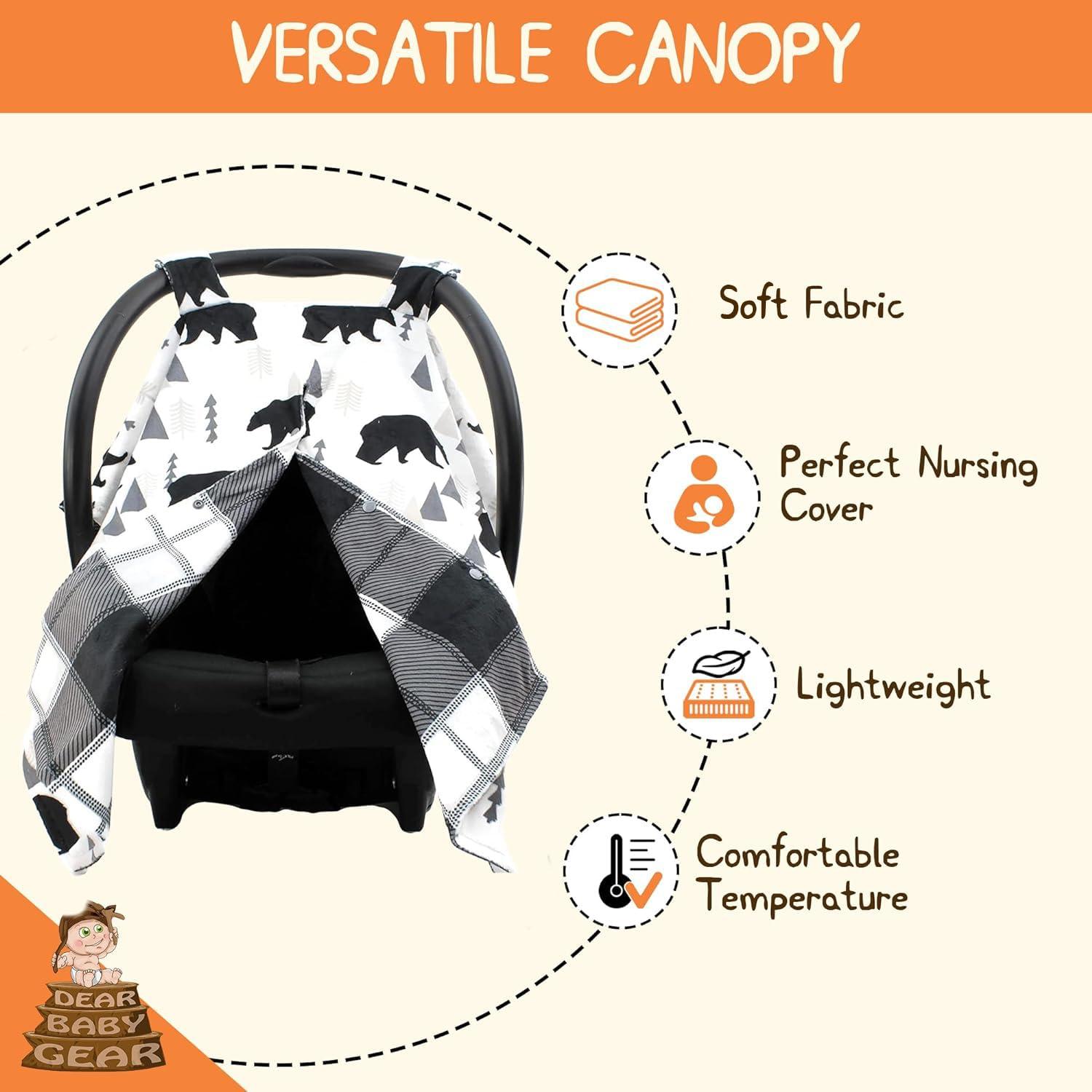 Dear Baby Gear Car Seat Cover for Boys & Girls - Baby Carseat Canopy w/Snap Opening - Infant Seat Cover - Stroller & Nursing Covers - Newborn Carrier Canopy - 40x30 (Black Bears, Black & Grey Plaid)