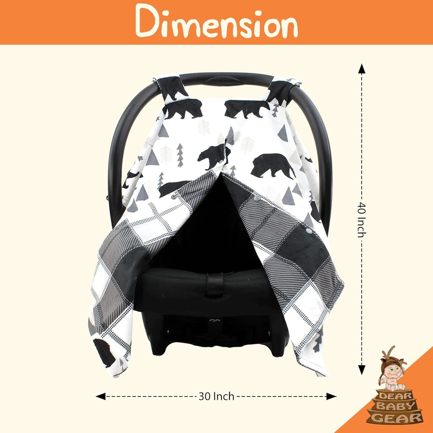 Dear Baby Gear Car Seat Cover for Boys & Girls - Baby Carseat Canopy w/Snap Opening - Infant Seat Cover - Stroller & Nursing Covers - Newborn Carrier Canopy - 40x30 (Black Bears, Black & Grey Plaid)