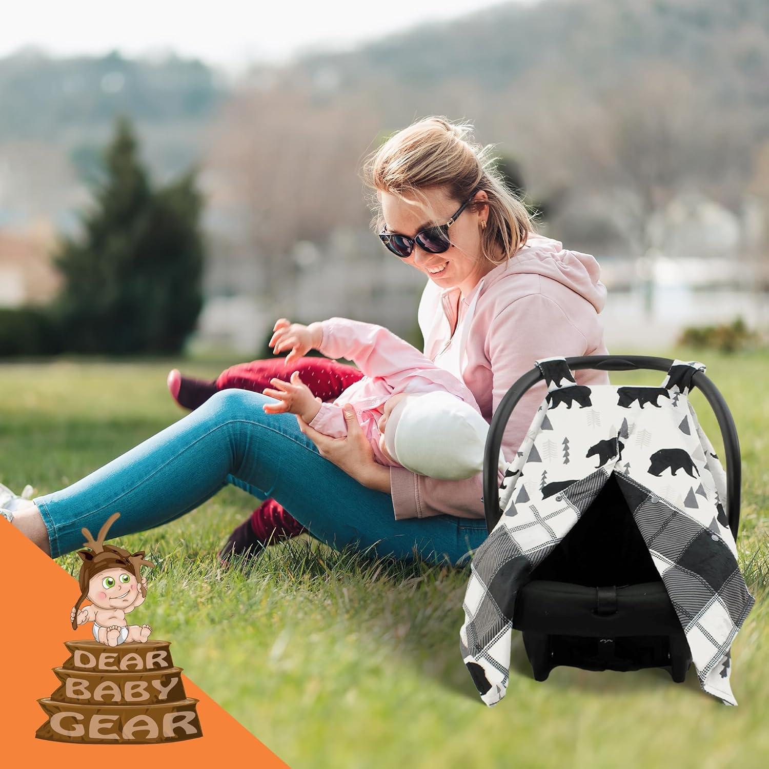 Dear Baby Gear Car Seat Cover for Boys & Girls - Baby Carseat Canopy w/Snap Opening - Infant Seat Cover - Stroller & Nursing Covers - Newborn Carrier Canopy - 40x30 (Black Bears, Black & Grey Plaid)