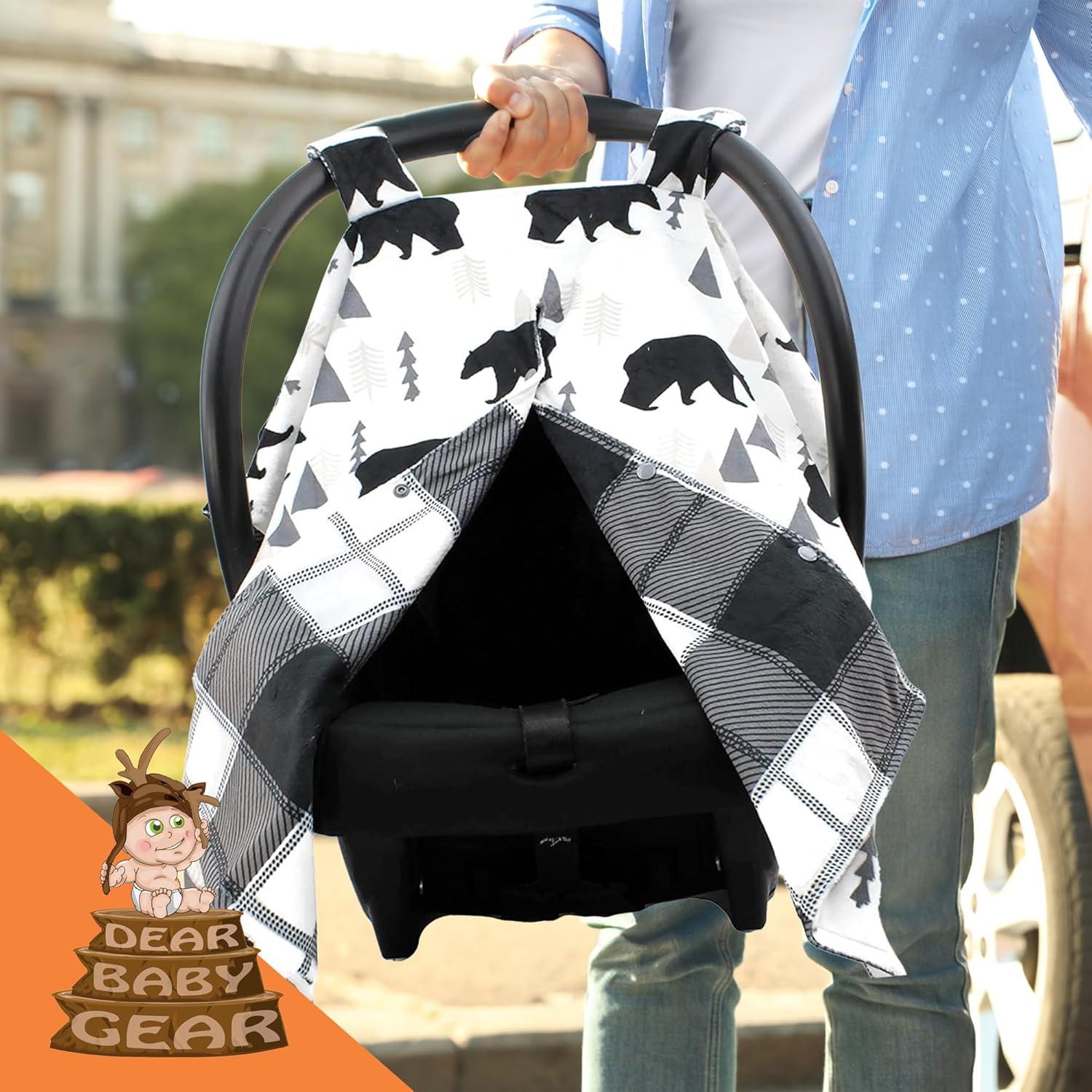 Dear Baby Gear Car Seat Cover for Boys & Girls - Baby Carseat Canopy w/Snap Opening - Infant Seat Cover - Stroller & Nursing Covers - Newborn Carrier Canopy - 40x30 (Black Bears, Black & Grey Plaid)