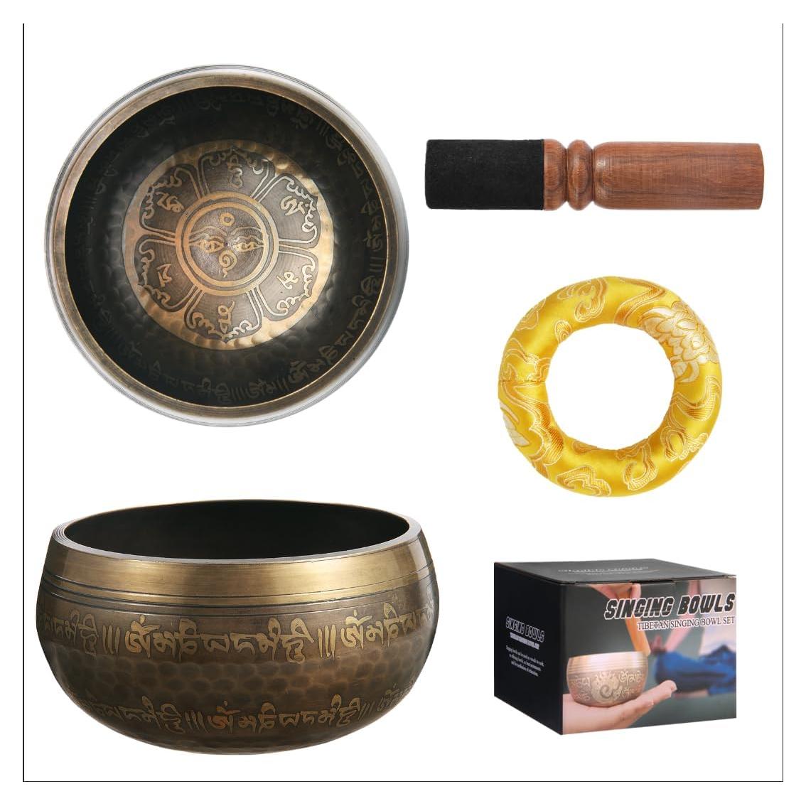 Tibetan Singing Bowls Set~ Meditation Sound Bowl hand Hammered in Nepal For Yoga, Meditation, Mindfulness, Healing & Chakra balancing~ (brown, 4.5 inch)