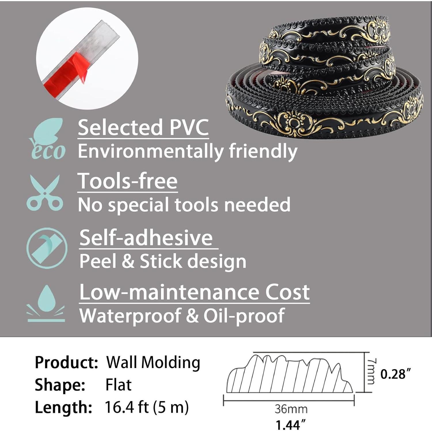 Moldura de Pared Flexible Gaahing 5m x 3.6cm Autoadhesiva Negra