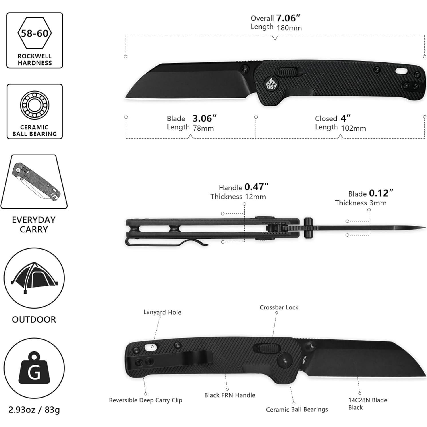 Cuchillo de bolsillo QSP Penguin Glyde, hoja 7.77 cm, negro