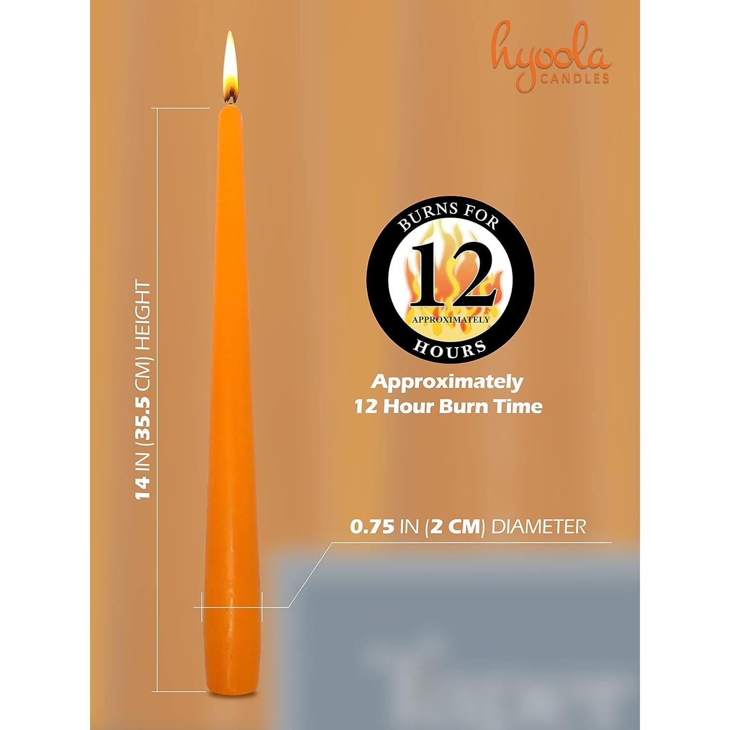 Velas Taper Altas Hyoola Naranjas 35.56 cm Sin Aroma - 12 Unidades