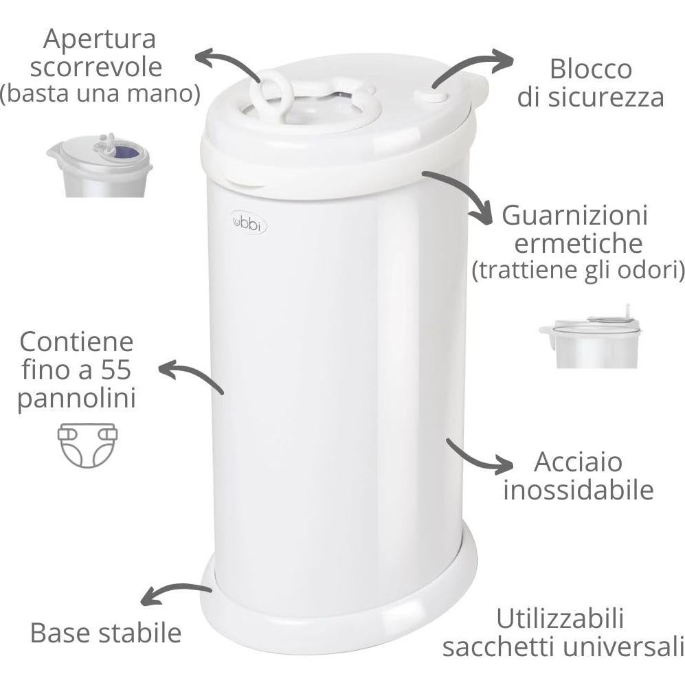 Cubo de Pañales Ubbi de Acero Blanco, Control de Olores