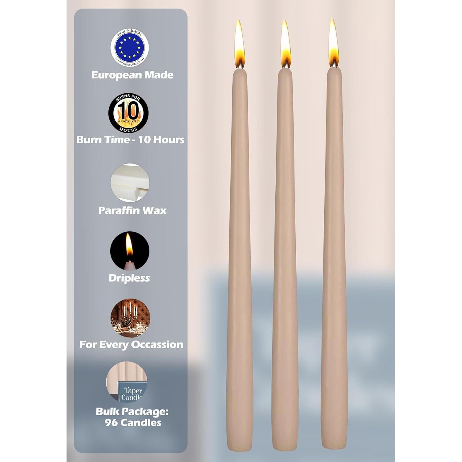 Velas Taper Altas Hyoola 30 cm Beige Sahara Sin Aroma - 96 Unidades