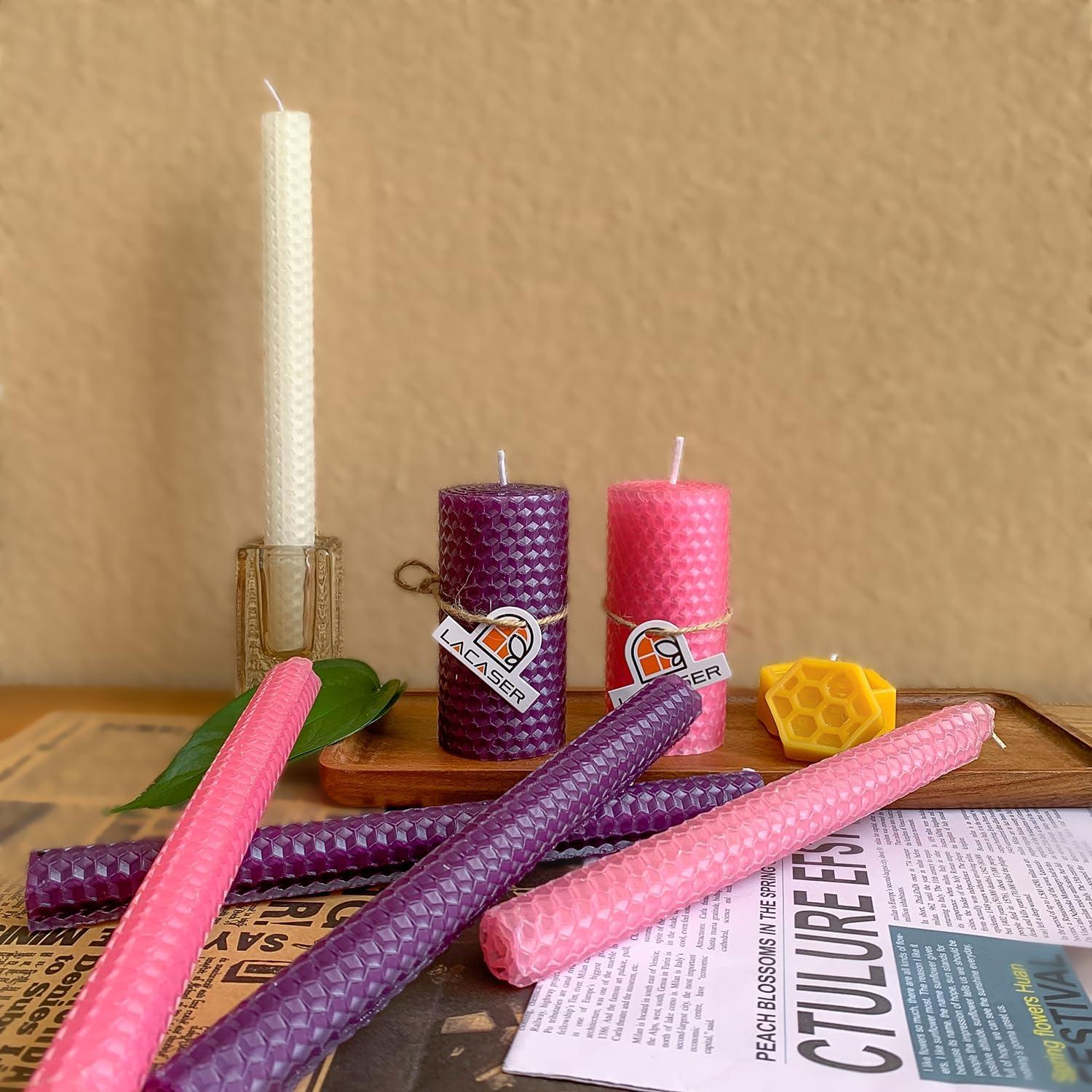 Juego de 4 Velas de Cera de Abeja Lacaser - 3 Moradas y 1 Rosa