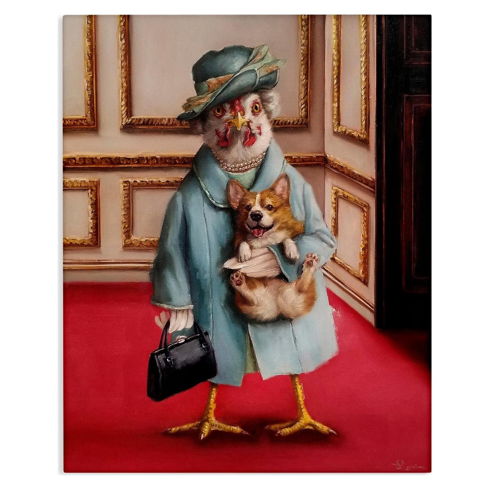 Lienzo Humorístico Reina Pollo con Corgi Stupell 40x51 cm