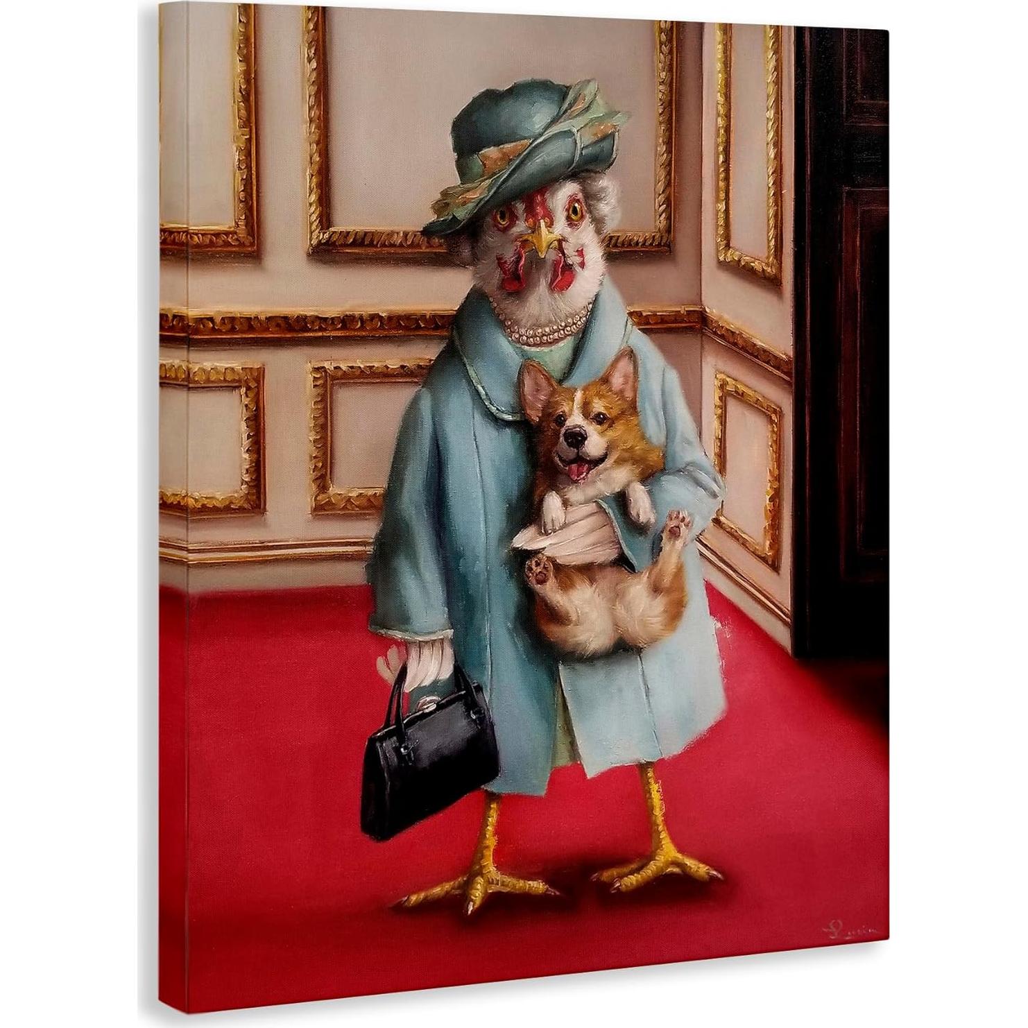 Lienzo Humorístico Reina Pollo con Corgi Stupell 40x51 cm
