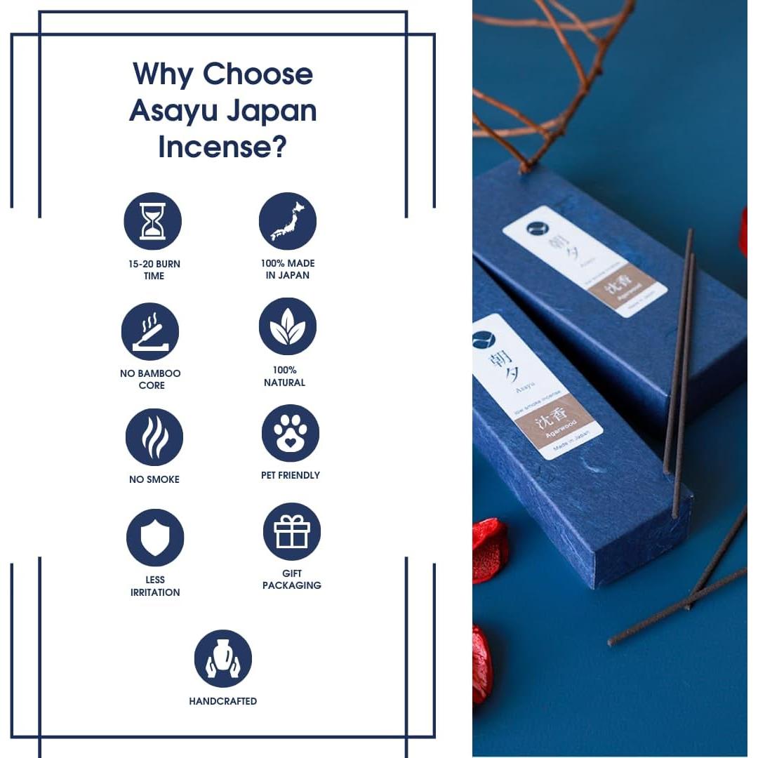 Varitas de Incienso Asayu Japón Madera de Agar 40g Bajo Humo