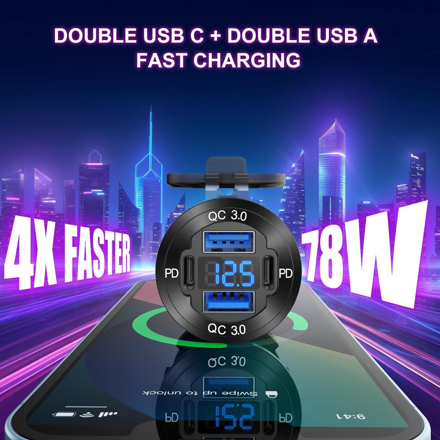 Cargador USB 4 Puertos Hapytrip 12V 78W con Voltímetro LED