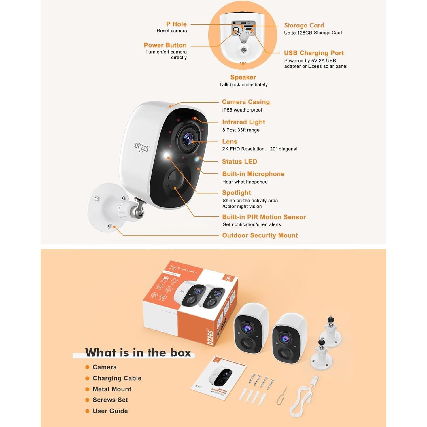 Cámara Dzees Inalámbrica 2K con Alarma y Visión Nocturna