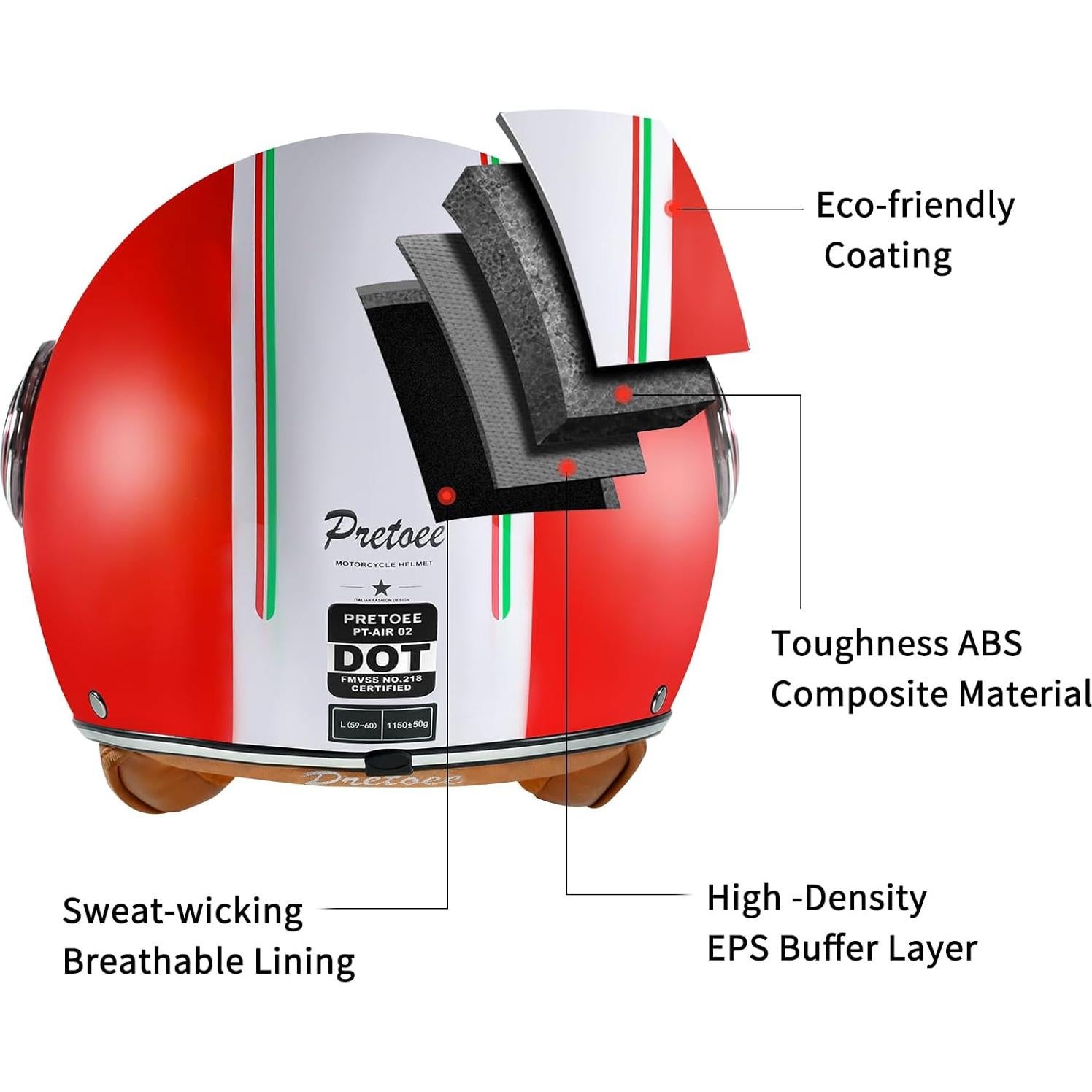 Casco de motocicleta Pretoee PT-AIR 02 retro M-XL rojo blanco