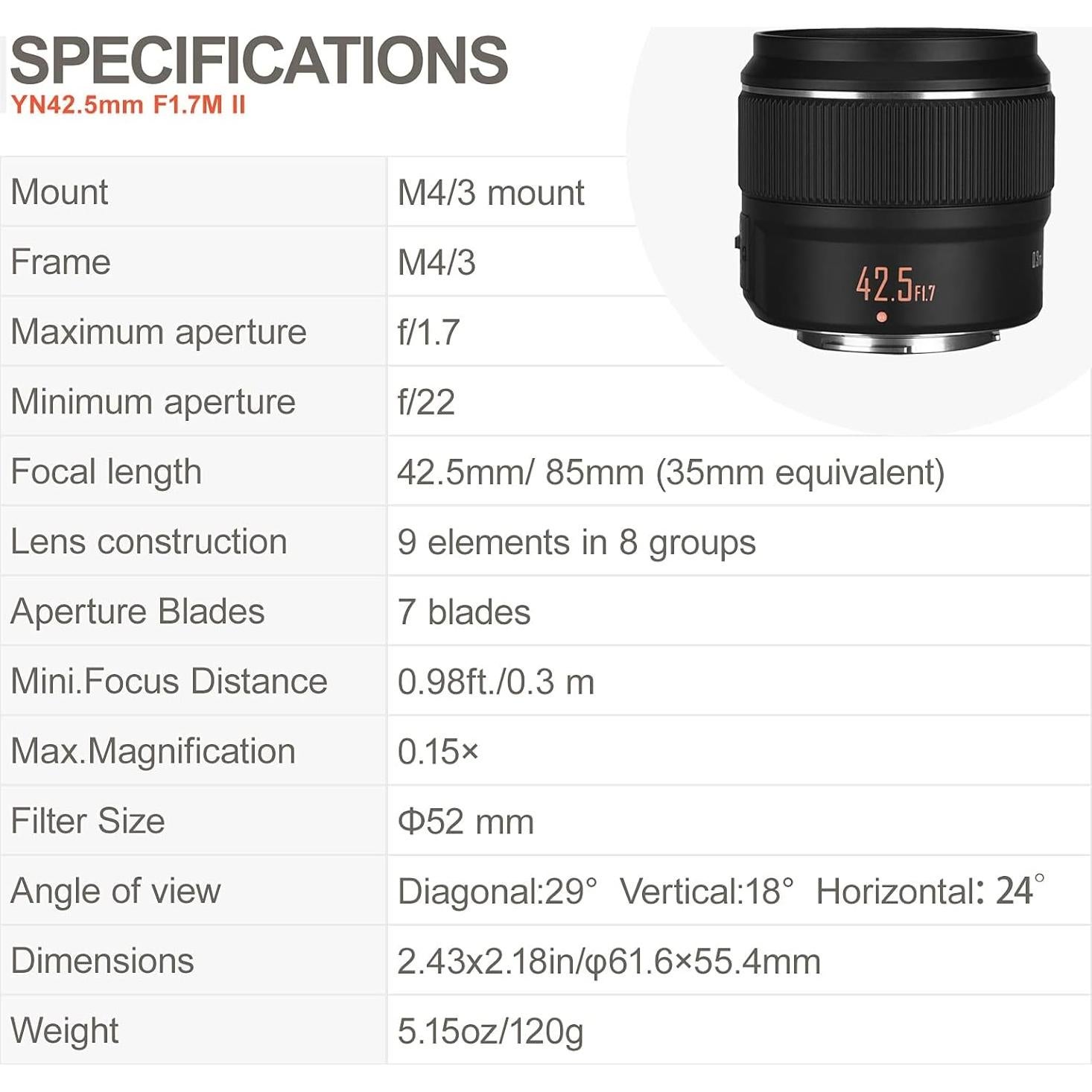 Lente Fijo YONGNUO YN42.5mm F1.7M II para Micro Cuatro Tercios