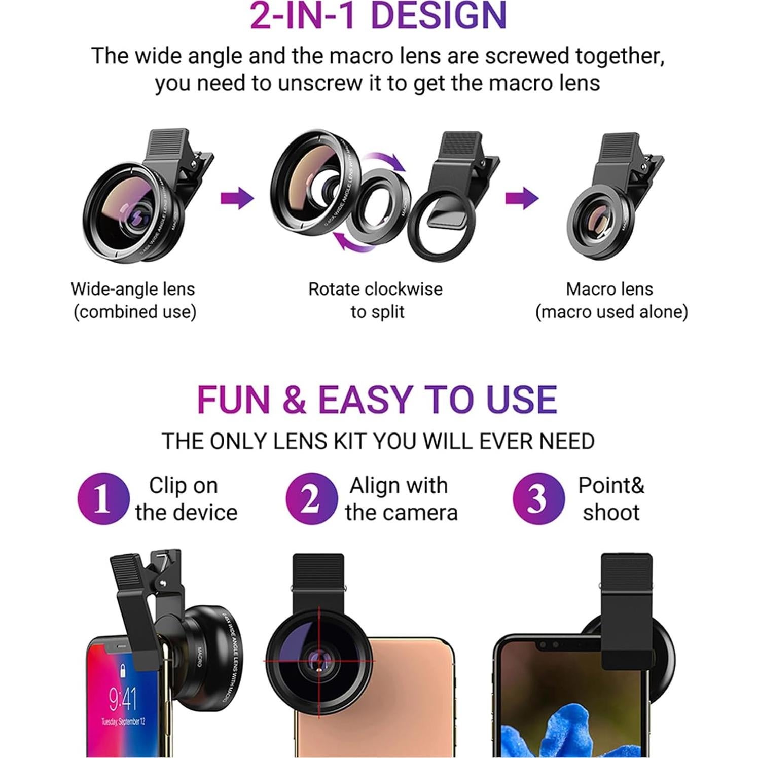 Lente de Cámara Apexel 0.45X Gran Angular + 12.5X Macro