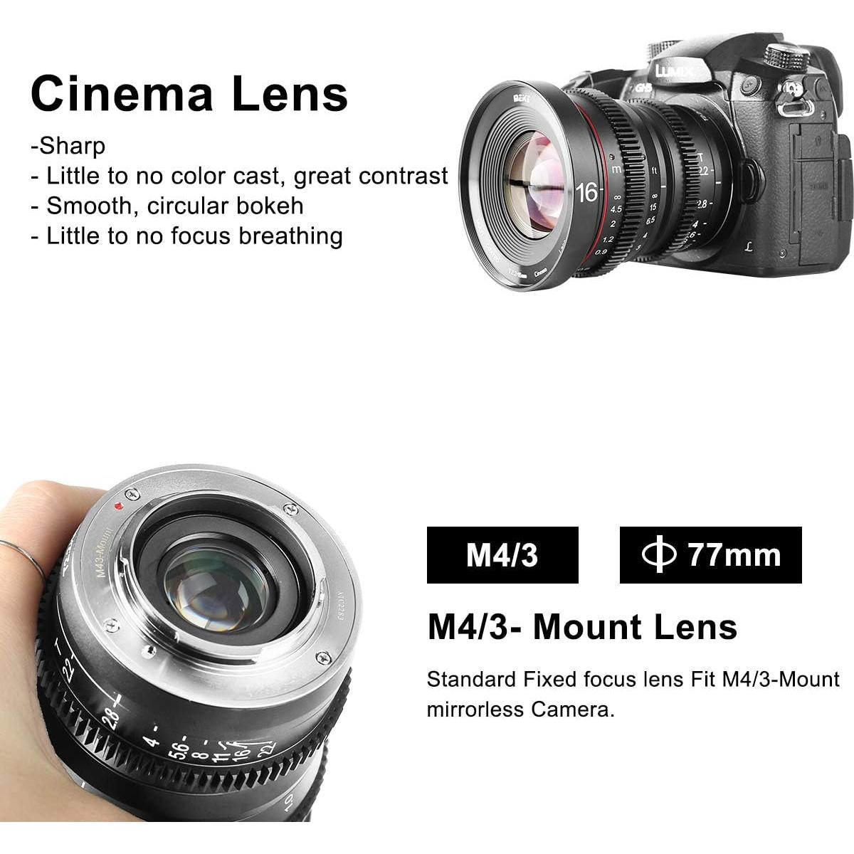 Lente de Cine MEKE 16mm T2.2 M43 Gran Apertura Manual