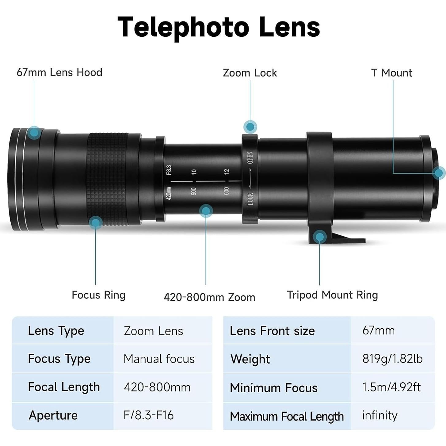 Lente Telefoto JINTU 420-800mm f/8.3 para Canon DSLR